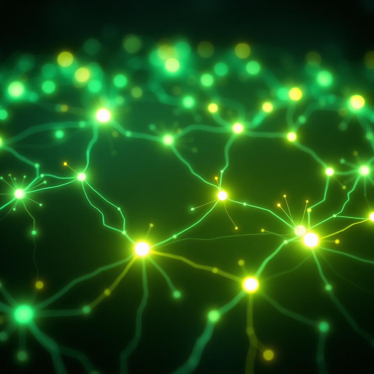 Glowing organic network of mint and lemon nodes representing connected software systems